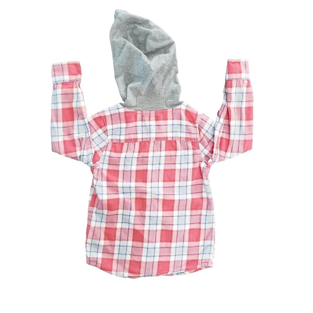 OshKosh Boys Size 7 Plaid Hooded Shirt Red Blue Button Down